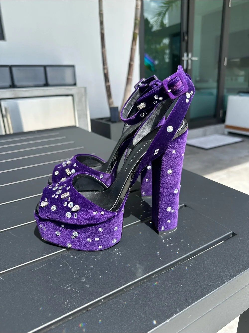 Giuseppe Zanotti Purple Velvet Crystal Dazzling Betty Platform Sandals 39